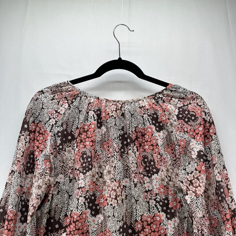 Simple Fun Top Womens Sz S Peasant Blouse Floral Tie Neck Long Sleeve Brown/Pink - Picture 5 of 11